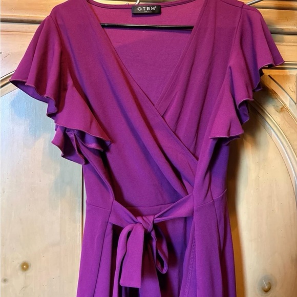 OTEN Women’s Deep V Neck Ruffle Sleeve Sheath Casual Cocktail Faux Wrap Dress - Picture 8 of 9